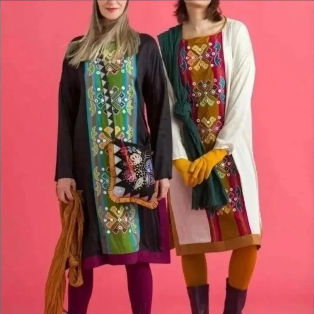 Gudrun Sjoden Dress Tunic Small Black embroidered Mirrored Lagenlook Art to Wear - Picture 2 of 8